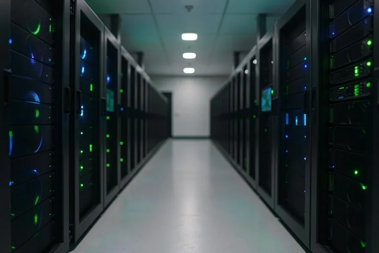 Modern enterprise server room with GPU servers for AI inference