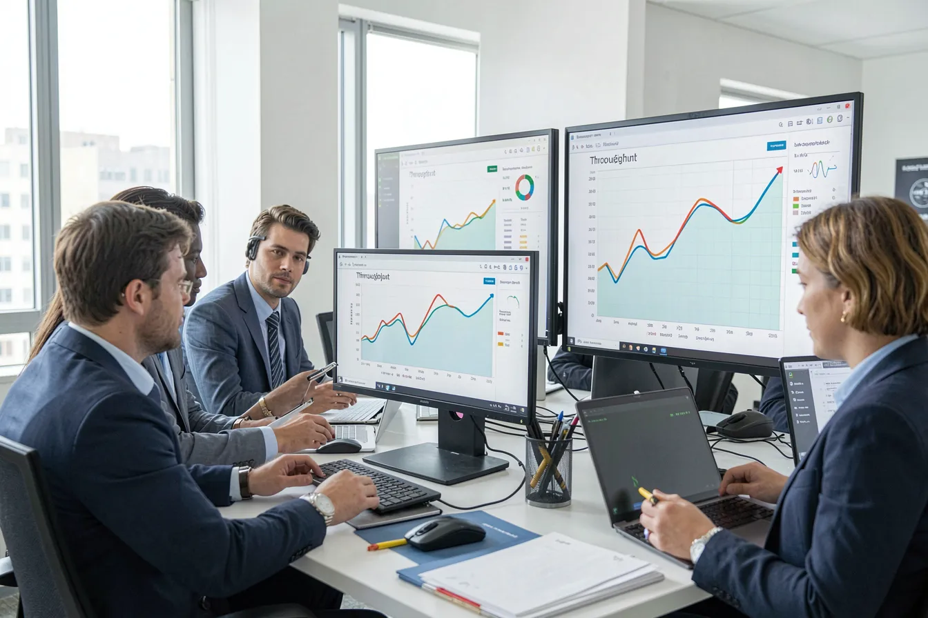 IT team watching throughput rise on performance dashboards