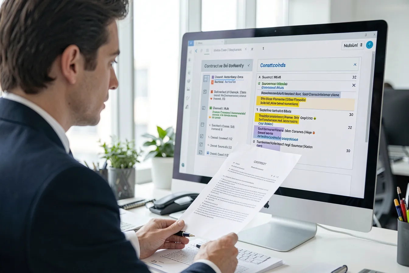 Analyst reviewing contract clauses with sourced evidence on screen