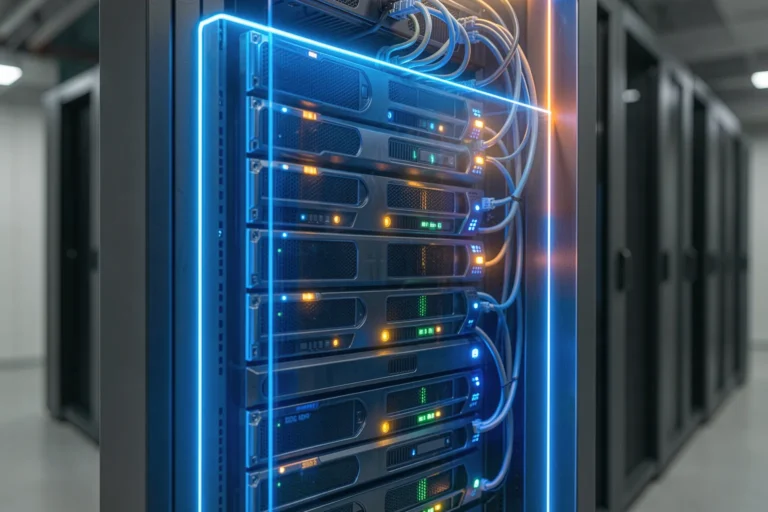Data-center server rack with a glowing security gateway layer