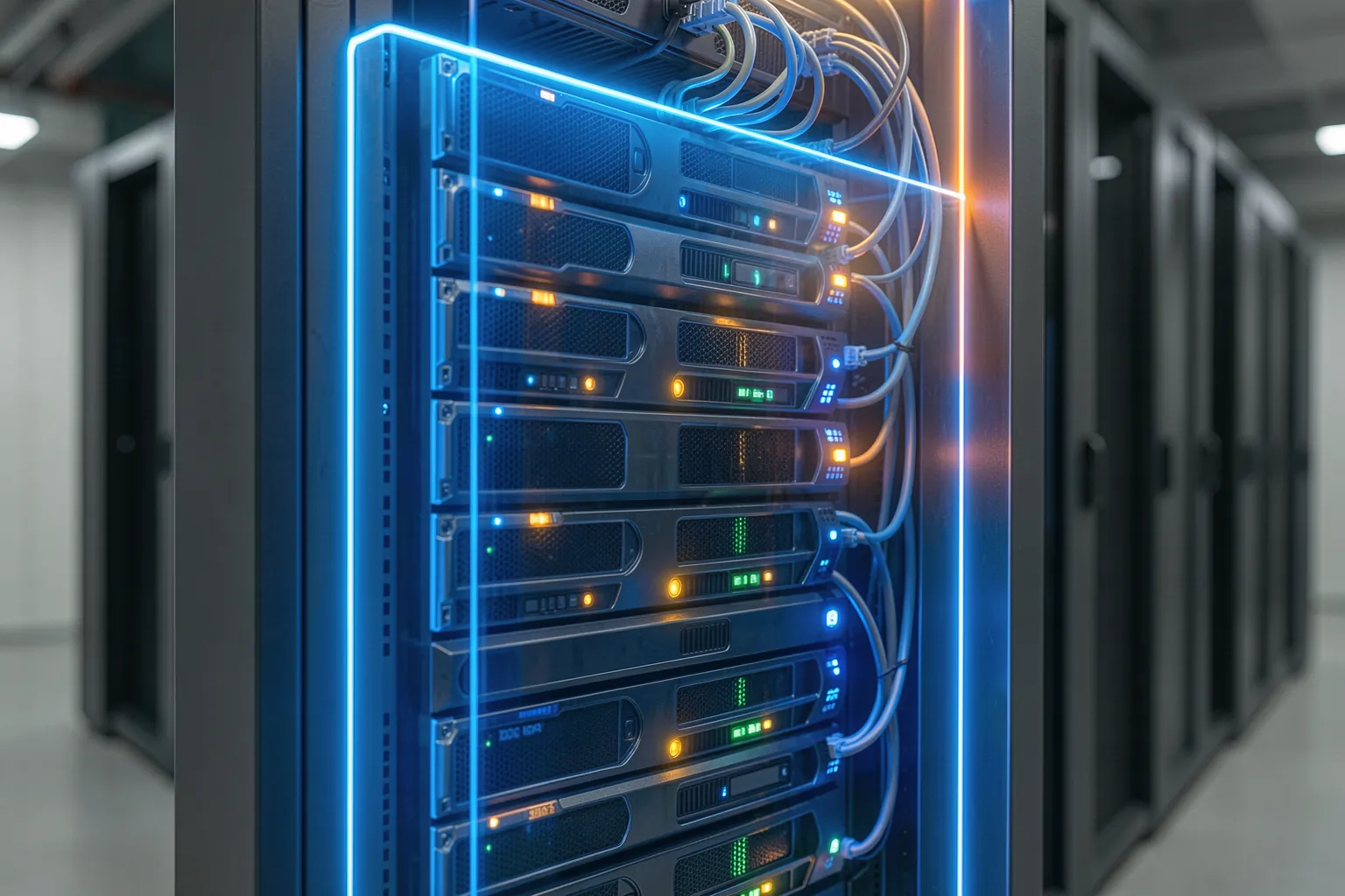 Data-center server rack with a glowing security gateway layer