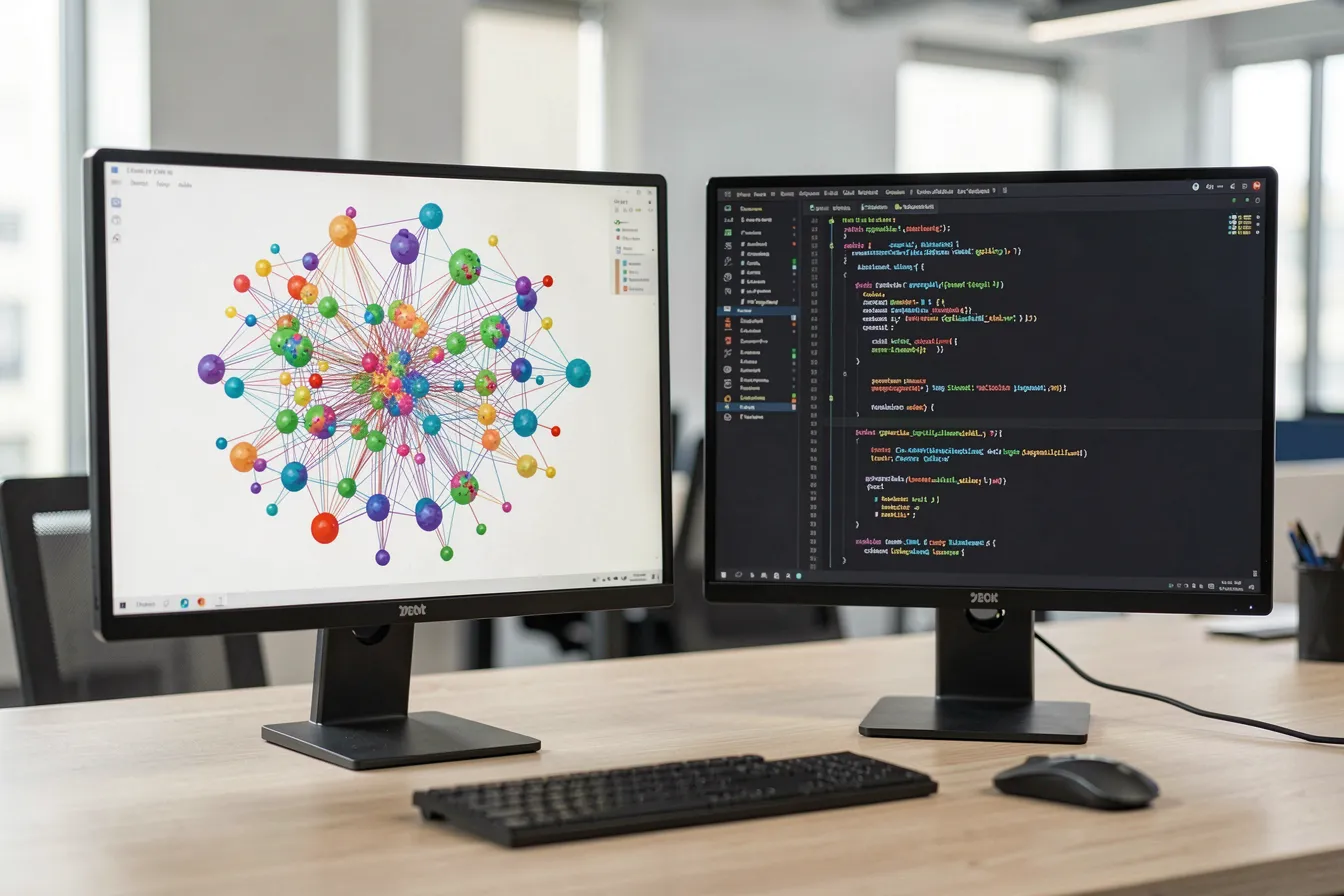 Vector database dashboard with embedding clusters next to a code IDE