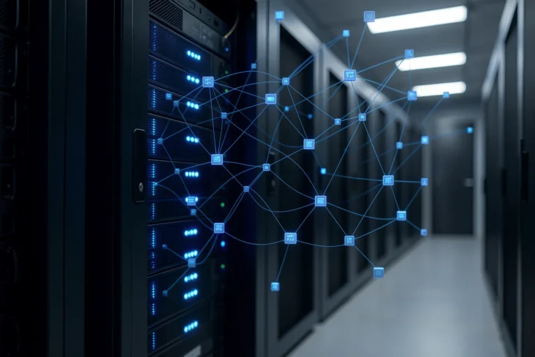 Data center server rack with a blue data network representing persistent AI memory