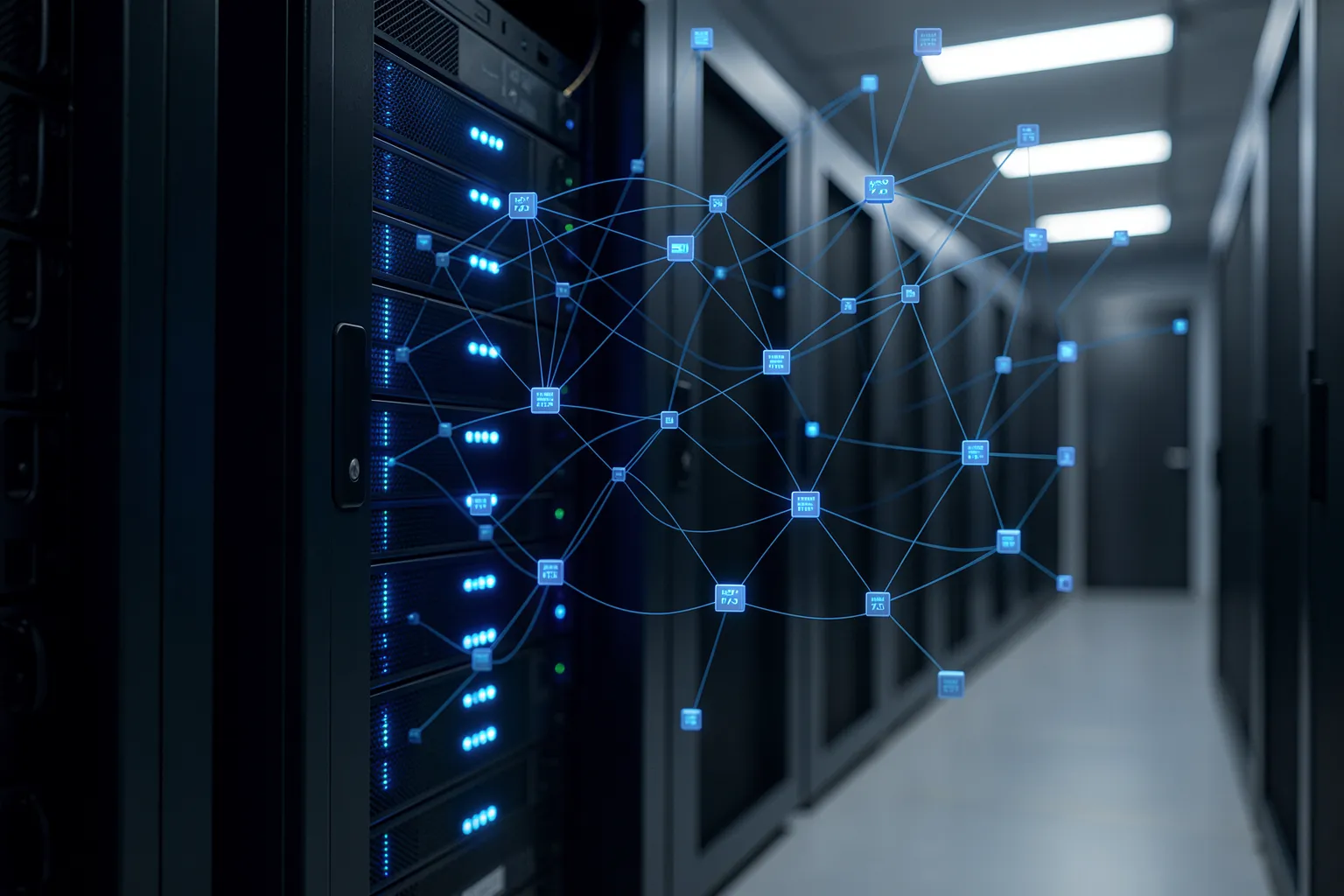 Data center server rack with a blue data network representing persistent AI memory