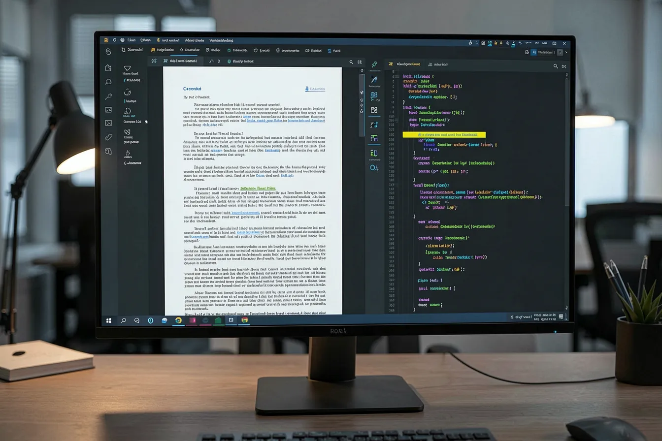 Monitor showing a long contract document and code side by side