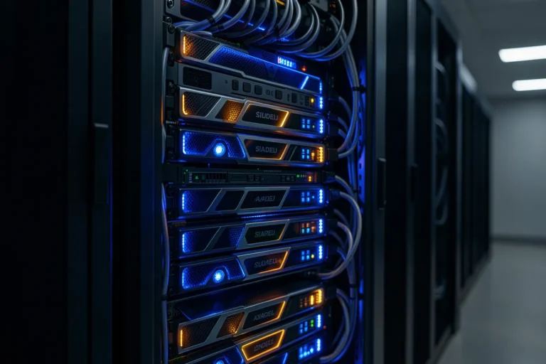 Server rack in a data center with blue and amber LEDs
