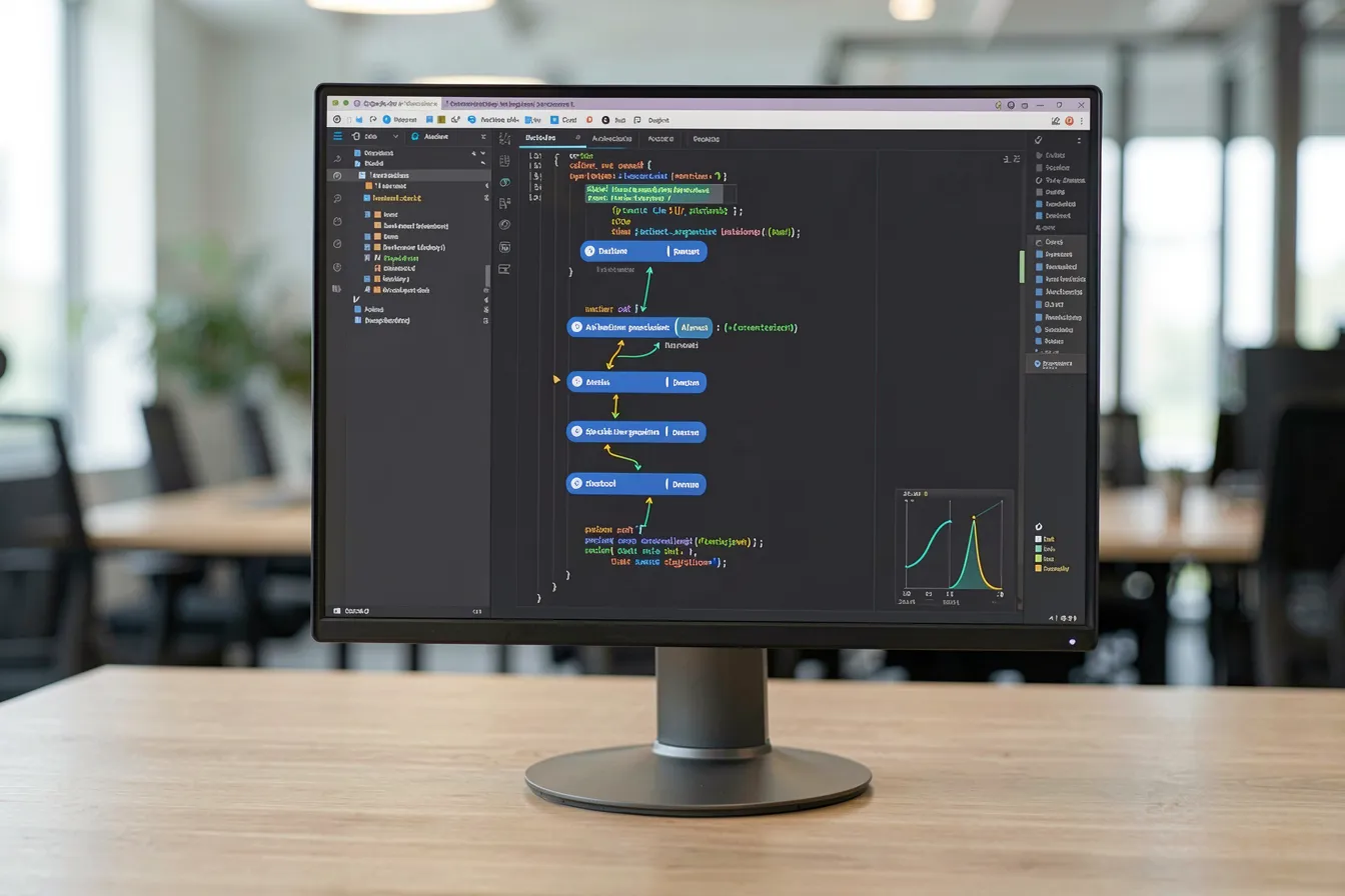 Monitor showing an AI chain of thought with decision steps in a development environment
