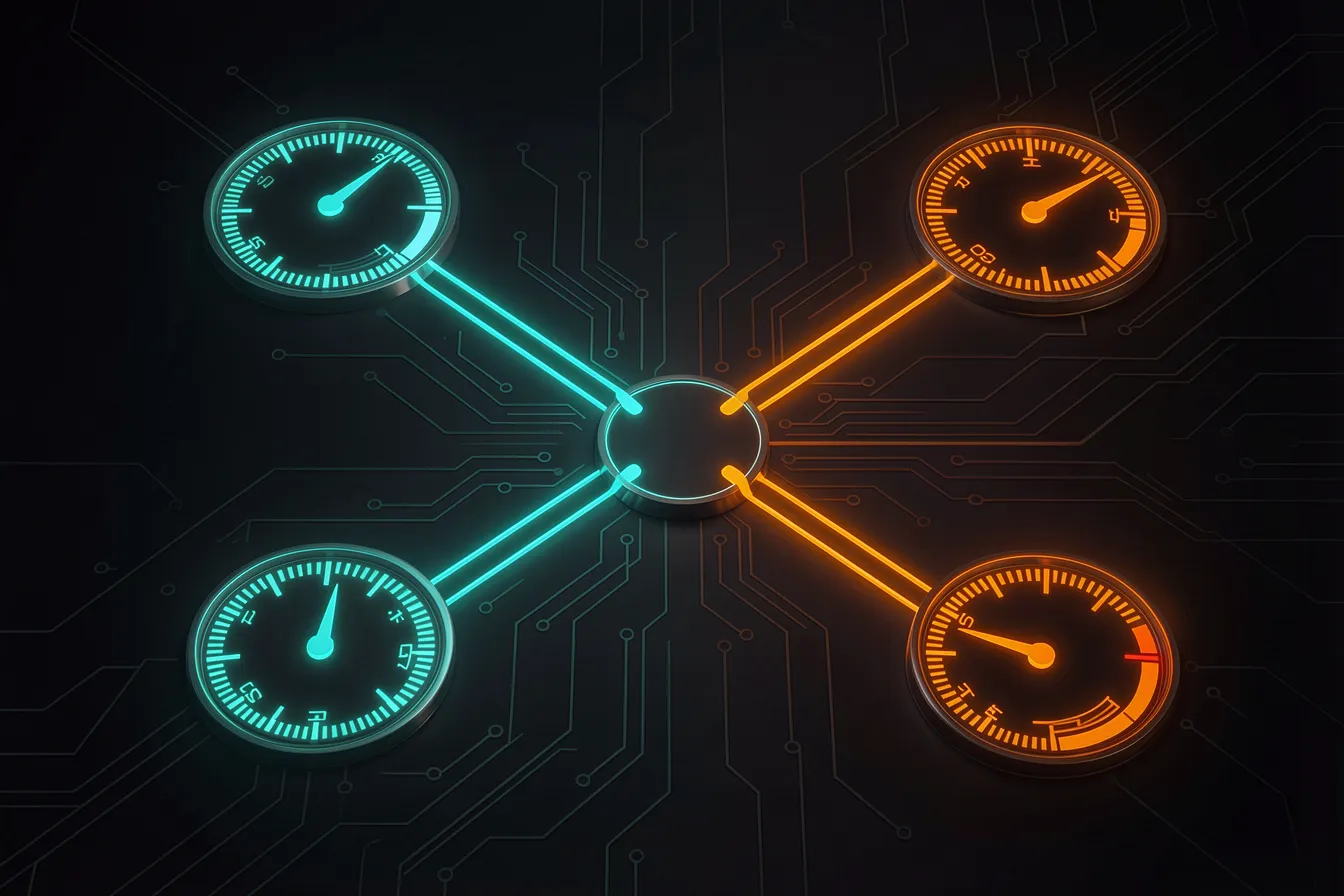 Routing an AI request onto a fast path and a compute-heavy reasoning path with cost and latency gauges