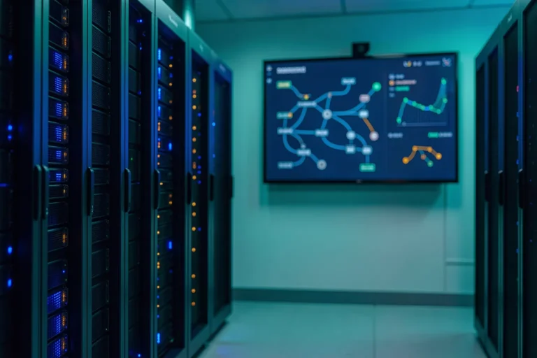 Data center with GPU servers and a wall dashboard visualising AI decision logic