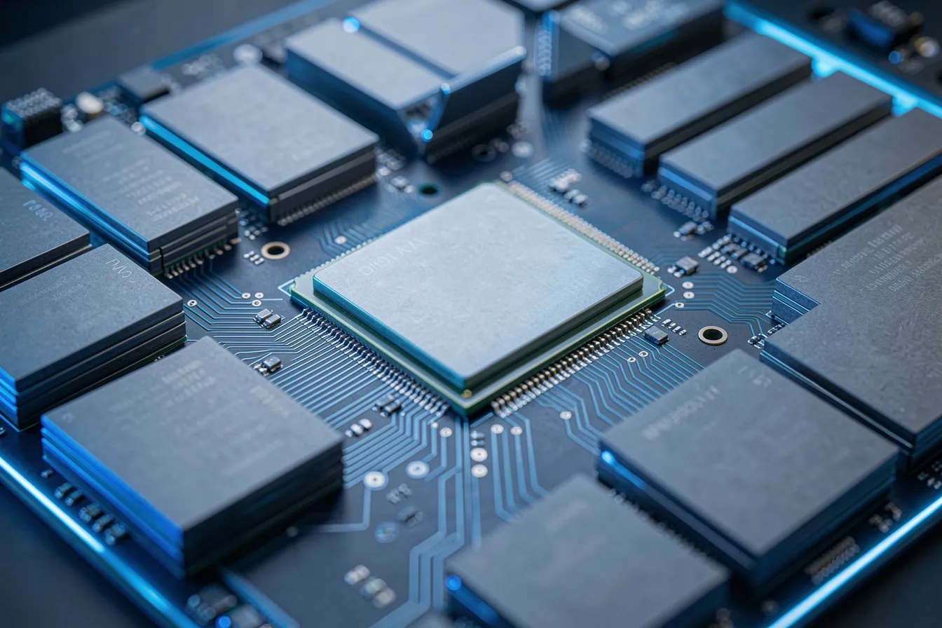 Processor die surrounded by memory chips as an image of the Mixture-of-Experts architecture