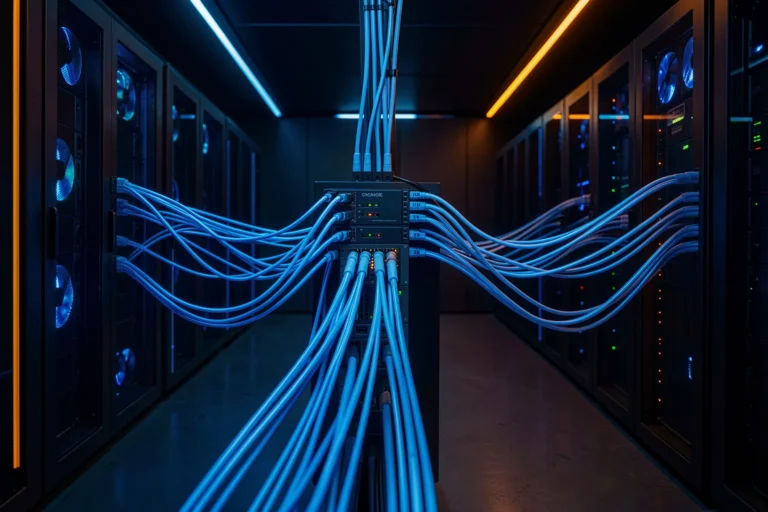 Server room with a central switch distributing fiber-optic cables to many server modules