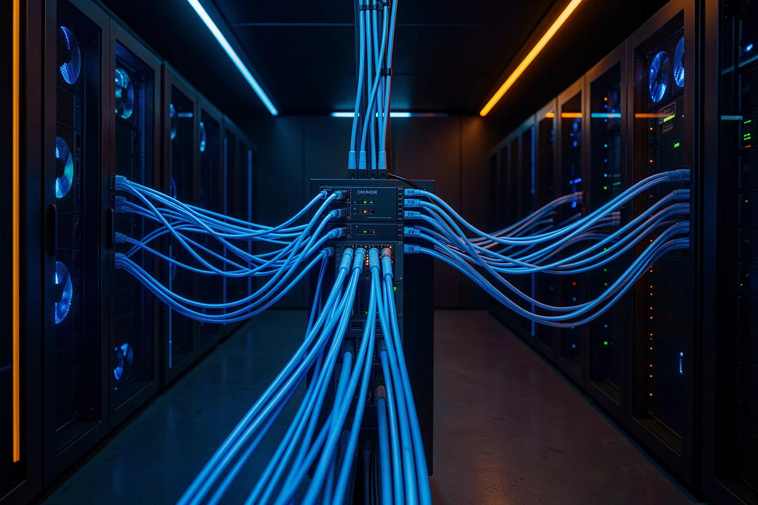 Server room with a central switch distributing fiber-optic cables to many server modules