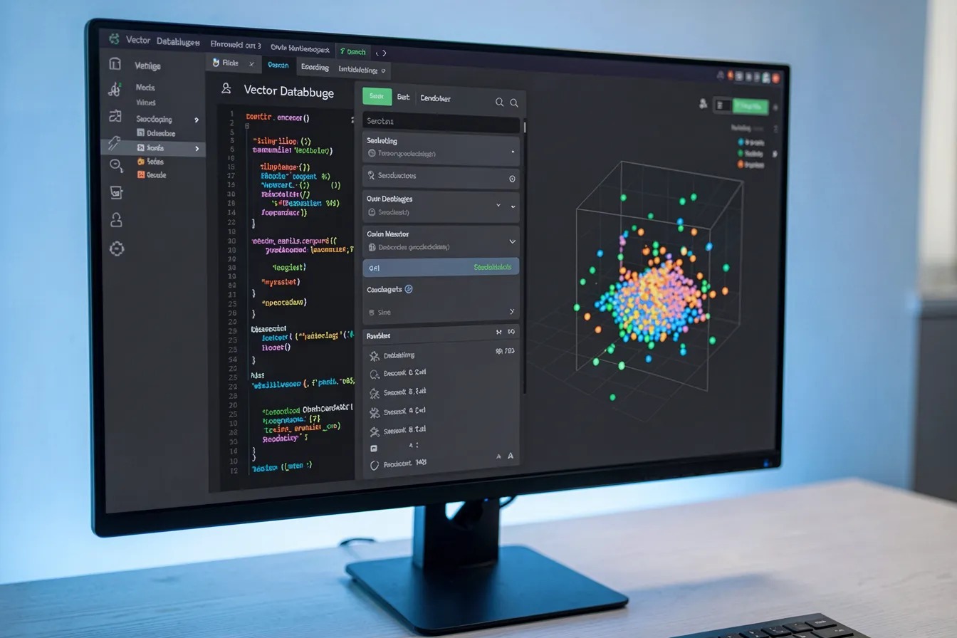 Vector database dashboard showing a 3D view of embedding clusters on a developer monitor