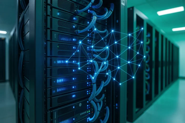 On-premise server rack in a data center with a blue vector-graph overlay