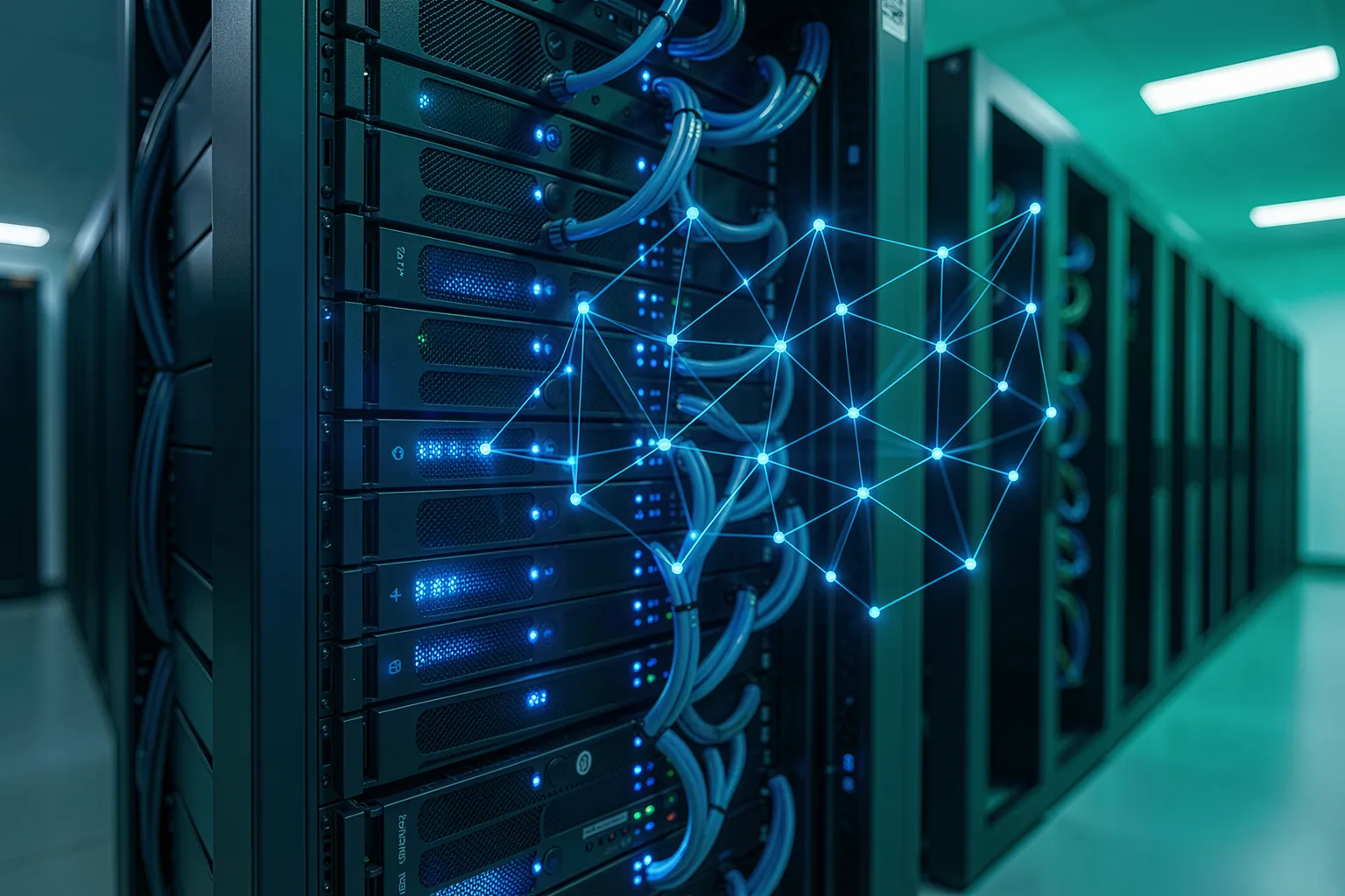 On-premise server rack in a data center with a blue vector-graph overlay